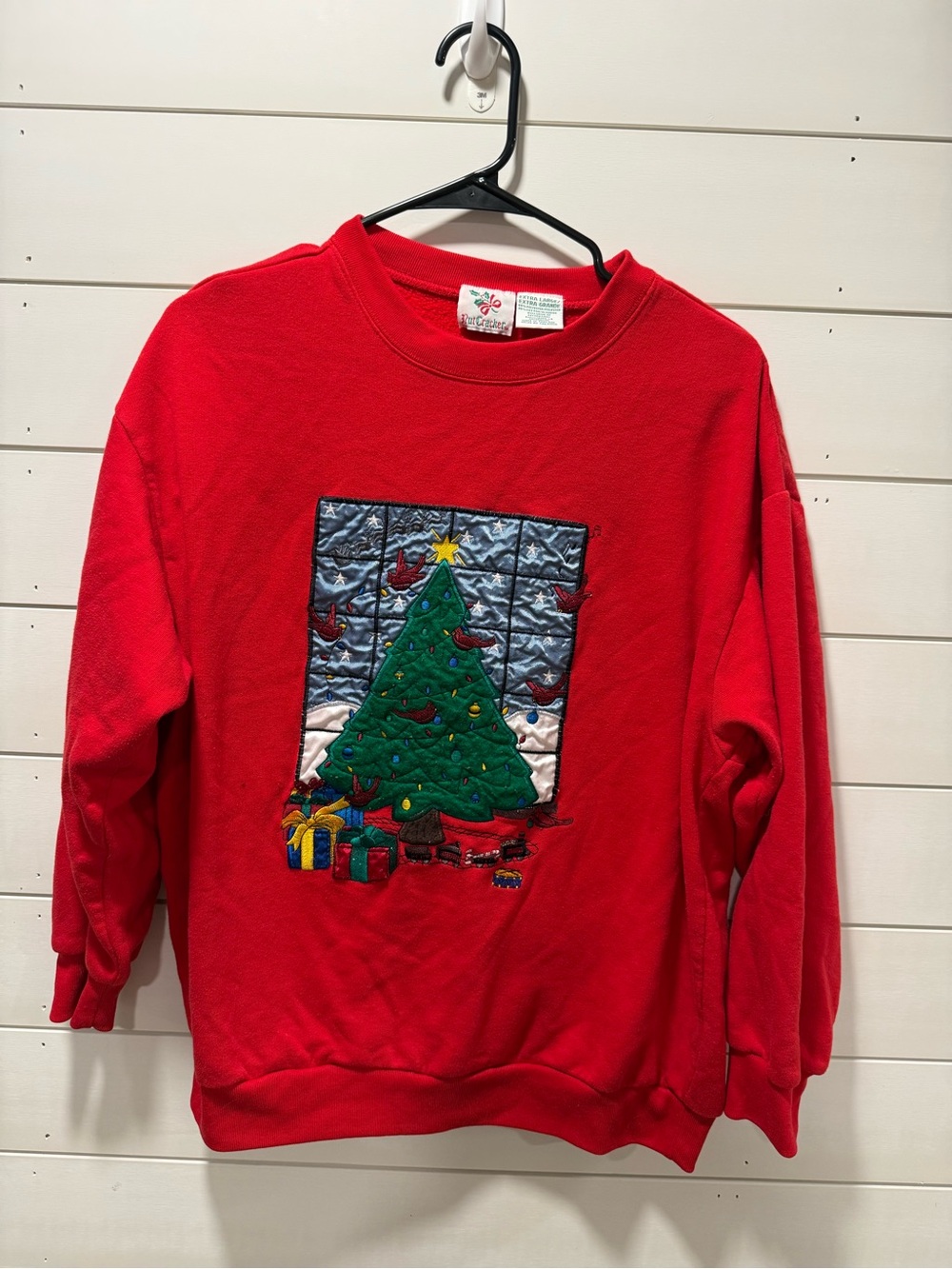 Red Holiday Crewneck Sweatshirt with Embroidered Christmas Tree - Unbranded